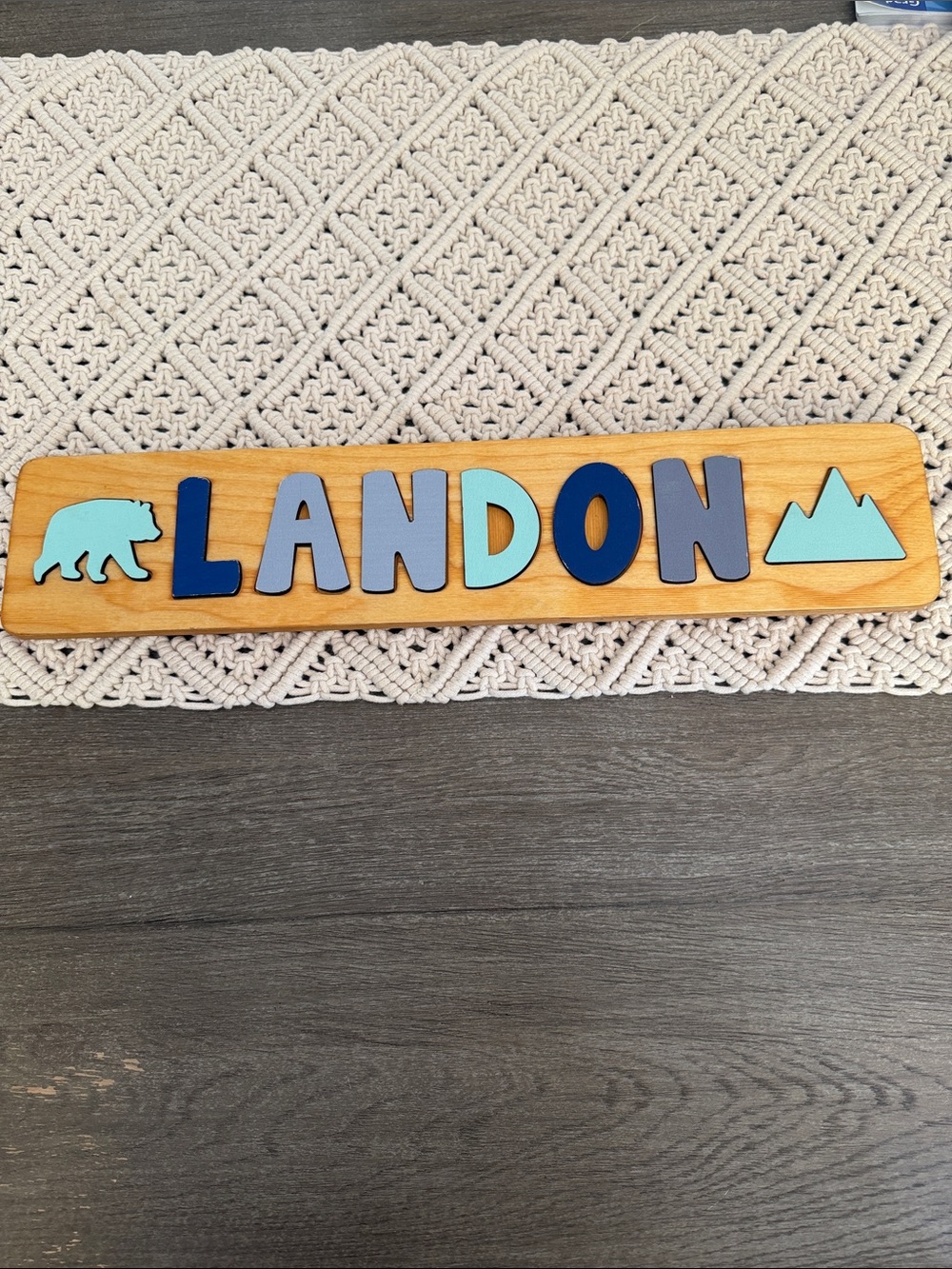 Personalized 'LANDON' Wooden puzzle Name Sign in Blue and Light Blue